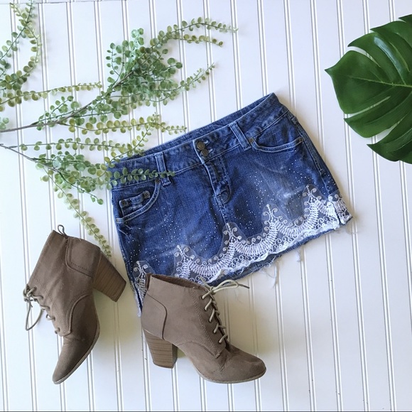 Forever 21 Dresses & Skirts - Forever 21 denim distressed mini skirt lace detail
